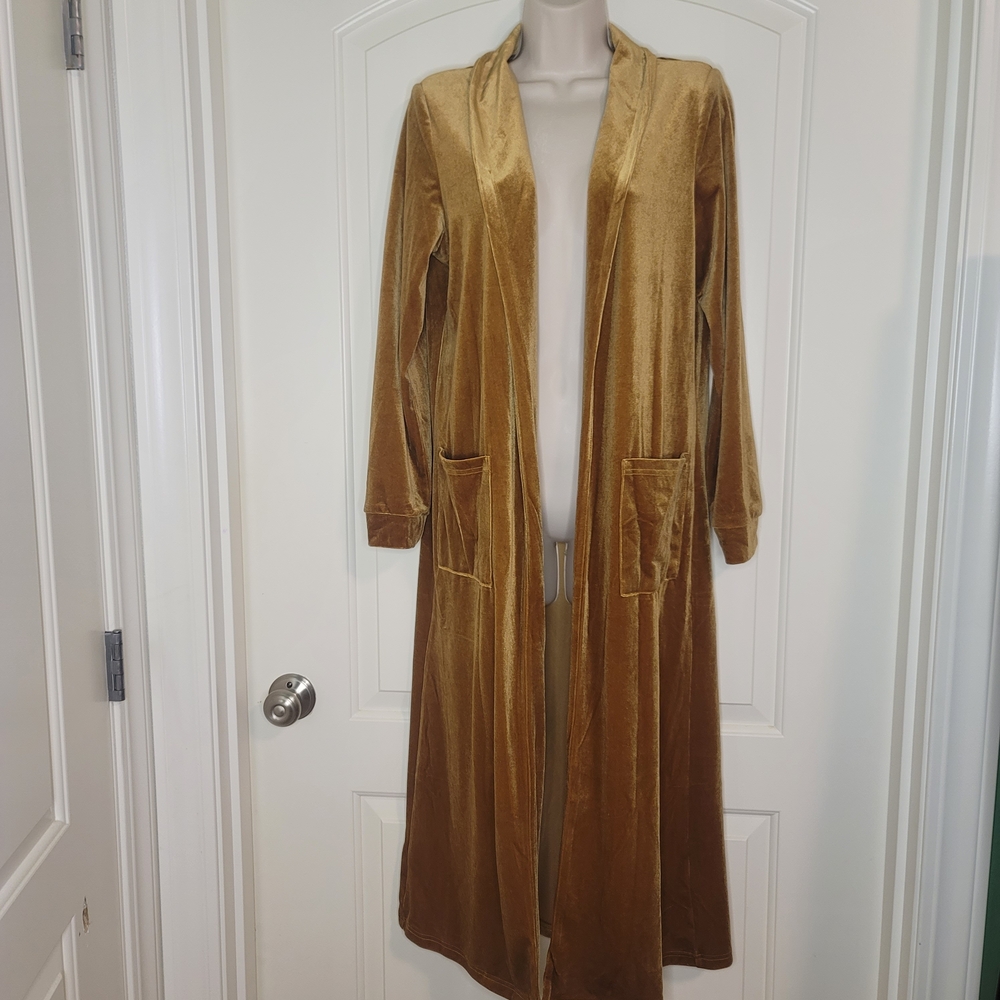 Long Open-Front Velvet Cardigan - Gold